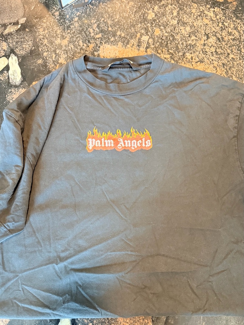 Palm Angels Black Tee with Orange & Yellow Flame Logo